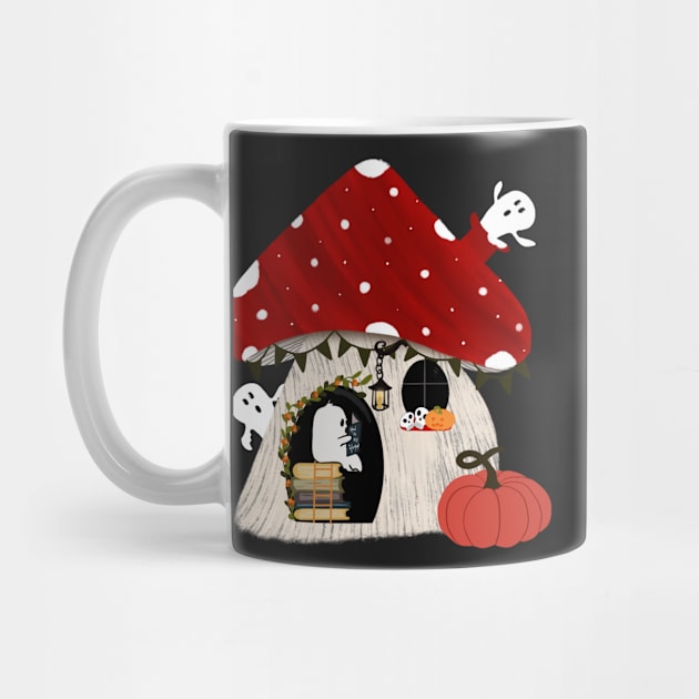 Cute Halloween mushroom and ghost design, bookish ghost by BosskaDesign